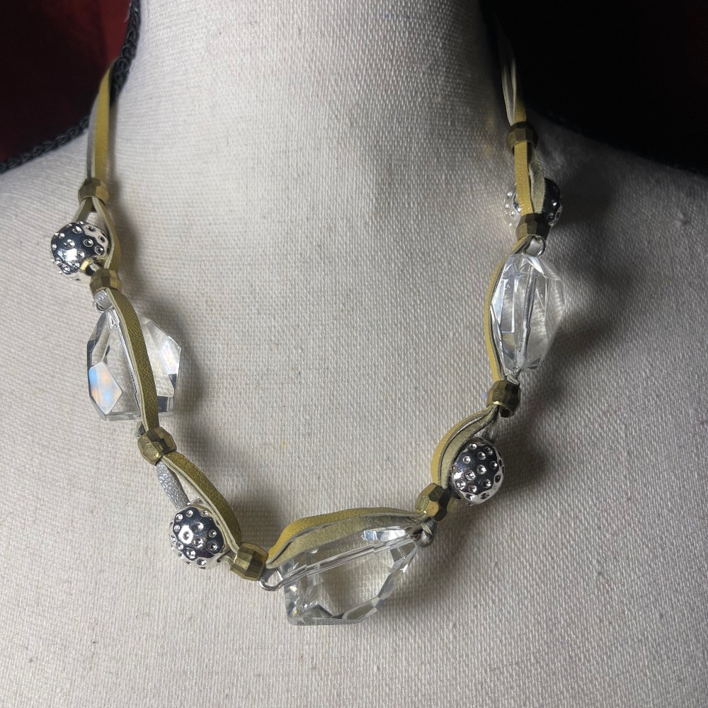 Chico's Short Leather With Crystal & Silver Beads necklace